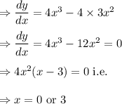 \Rightarrow \dfrac{dy}{dx}=4x^3-4\times 3x^2\\\\\Rightarrow \dfrac{dy}{dx}=4x^3-12x^2=0\\\\\Rightarrow 4x^2(x-3)=0\ \text{i.e.}\\\\\Rightarrow x=0\ \text{or}\ 3