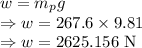 w=m_pg\\\Rightarrow w=267.6\times 9.81\\\Rightarrow w=2625.156\ \text{N}