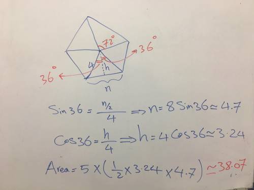 Can someone please help me find the area of a regular pentagon of radius 4m? thank you :(