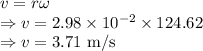 v=r\omega\\\Rightarrow v=2.98\times 10^{-2}\times 124.62\\\Rightarrow v=3.71\ \text{m/s}