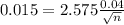 0.015 = 2.575\frac{0.04}{\sqrt{n}}