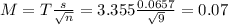 M = T\frac{s}{\sqrt{n}} = 3.355\frac{0.0657}{\sqrt{9}} = 0.07