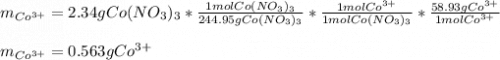 m_{Co^{3+}}=2.34gCo(NO_3)_3*\frac{1molCo(NO_3)_3}{244.95 gCo(NO_3)_3} *\frac{1molCo^{3+}}{1molCo(NO_3)_3} *\frac{58.93gCo^{3+}}{1molCo^{3+}} \\\\m_{Co^{3+}}=0.563gCo^{3+}