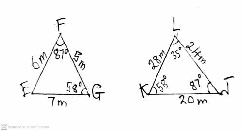 Triangle E F G. Side E F is 6 meters, F G is 5 meters, E G is 7 meters. Angle F is 87 degrees and an