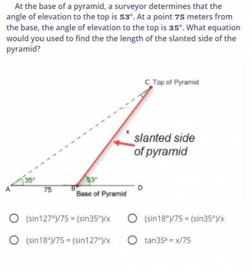 At the base of a pyramid, a surveyor determines that the angle of elevation to the top is °. At a po
