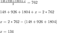 \frac{148+926+1804+x}{2}=762\\\\148+926+1804+x=2*762\\\\x=2*762-(148+926+1804)\\\\x=134