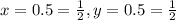 x = 0.5 = \frac{1}{2}, y = 0.5 = \frac{1}{2}