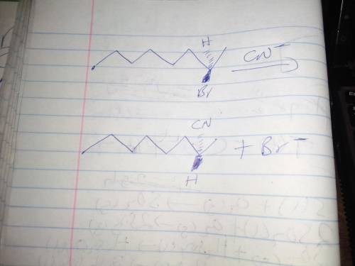 Draw the product you expect from the reaction of (R)-2-bromooctane with -CN. Use the wedge/hash bond