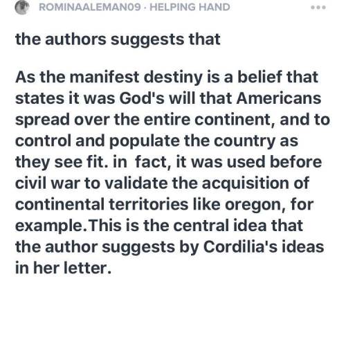How does the author suggest that manifest destiny is not as noble as cordelia makes is out to be? Pr