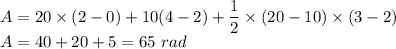 A=20\times (2-0)+10(4-2)+\dfrac{1}{2}\times (20-10)\times (3-2)\\A=40+20+5=65\ rad