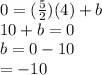 0 = ( \frac{5}{2} )(4) + b \\ 10 + b = 0 \\ b = 0 - 10 \\  =  - 10