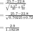 = \frac{25.7 - 22.8}{\sqrt{\frac{5.3^2}{40}+ \frac{6^2}{50}  } }\\\\= \frac{25.7 - 22.8}{\sqrt{0.70225 + 0.72} }\\\\= \frac{2.9}{1.19258}