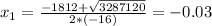 x_{1} = \frac{-1812 + \sqrt{3287120}}{2*(-16)} = -0.03