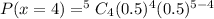 P(x=4)=^5C_4(0.5)^4(0.5)^{5-4}