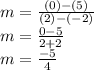 m = \frac{(0)-(5)}{(2)-(-2)} \\m = \frac{0-5}{2+2}\\m =\frac{-5}{4}