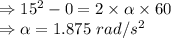 \Rightarrow 15^2-0=2\times \alpha \times 60\\\Rightarrow \alpha=1.875\ rad/s^2