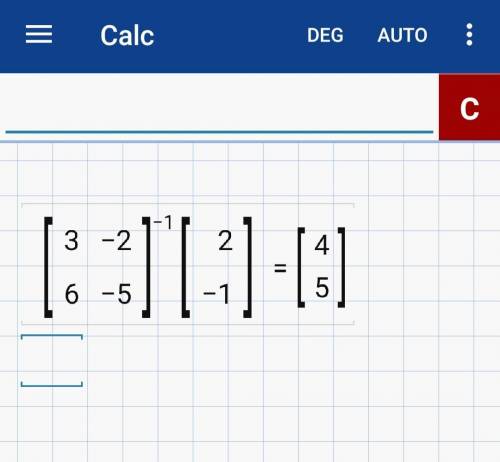 Solve the system using a matrix,
3x – 2y = 2
6x - 5y = -1