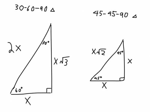 For the right triangles below, find the exact values of the side lengths and .

If necessary, write