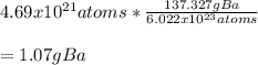 4.69x10^{21}atoms*\frac{137.327gBa}{6.022x10^{23} atoms} \\\\=1.07gBa