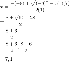 x=\dfrac{-(-8)\pm \sqrt{(-8)^2-4(1)(7)} }{2(1)}\\\\=\dfrac{8\pm \sqrt{64-28}}{2}\\\\=\dfrac{8\pm 6}{2}\\\\=\dfrac{8+6}{2},\dfrac{8-6}{2}\\\\=7,1