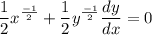 \displaystyle \frac{1}{2}x^{\frac{-1}{2}} + \frac{1}{2}y^{\frac{-1}{2}}\frac{dy}{dx} = 0