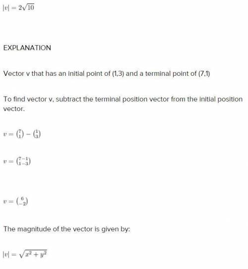Find the magnitude of vector v that has an initial point of (1, 3) and a terminal point of (7, 1)

v