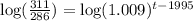 \text{log}(\frac{311}{286})=\text{log}(1.009)^{t-1995}