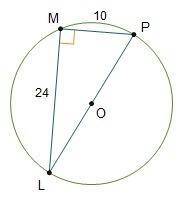Line segments MP and ML are perpendicular chords in circle O. MP = 10 and ML = 24. Triangle L M P is