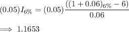 (0.05)I_{6\%} = (0.05) \dfrac{((1+0.06)_{6\%} - 6)}{0.06} \\ \\ \implies 1.1653