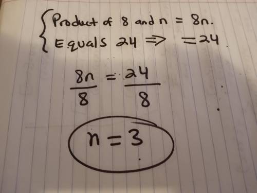 The product of 8 and n is equal to 24