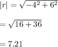 |r|=\sqrt{-4^2+6^2} \\\\=\sqrt{16+36} \\\\=7.21
