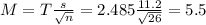 M = T\frac{s}{\sqrt{n}} = 2.485\frac{11.2}{\sqrt{26}} = 5.5