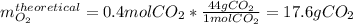 m_{O_2}^{theoretical}=0.4molCO_2*\frac{44gCO_2}{1molCO_2}=17.6gCO_2