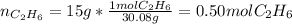 n_{C_2H_6}=15g*\frac{1molC_2H_6}{30.08g} =0.50molC_2H_6