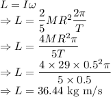 L=I\omega\\\Rightarrow L=\dfrac{2}{5}MR^2\dfrac{2\pi}{T}\\\Rightarrow L=\dfrac{4MR^2\pi}{5T}\\\Rightarrow L=\dfrac{4\times 29\times 0.5^2\pi}{5\times 0.5}\\\Rightarrow L=36.44\ \text{kg m/s}