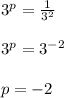 3^p=\frac{1}{3^2}\\\\3^p=3^{-2}\\\\p=-2