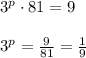 3^p \cdot 81 = 9\\\\3^p=\frac{9}{81}=\frac{1}{9}