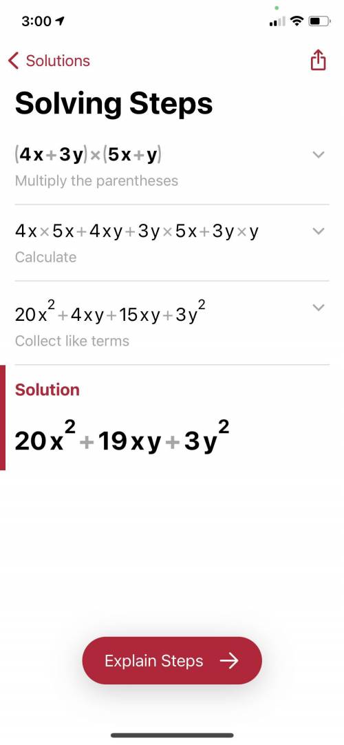 Multiplying polynomials 
(4x+3y)(5x+y)