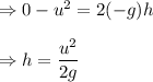 \Rightarrow 0-u^2=2(-g)h\\\\\Rightarrow h=\dfrac{u^2}{2g}