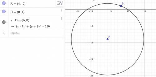Write the equation of the circle containing the point (8, 1) and a center at (4, –9).
