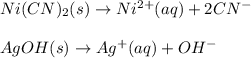 Ni(CN)_2(s)\rightarrow Ni^{2+}(aq)+2CN^-\\\\AgOH(s)\rightarrow Ag^+(aq)+OH^-