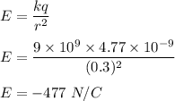 E=\dfrac{kq}{r^2}\\\\E=\dfrac{9\times 10^9\times 4.77\times 10^{-9}}{(0.3)^2}\\\\E=-477\ N/C
