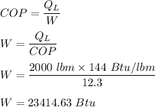 COP = \dfrac{Q_L}{W} \\ \\ W = \dfrac{Q_L}{COP} \\ \\ W = \dfrac{2000 \ lbm \times 144 \ Btu/lbm}{12.3} \\ \\ W = 23414.63 \ Btu