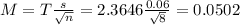 M = T\frac{s}{\sqrt{n}} = 2.3646\frac{0.06}{\sqrt{8}} = 0.0502