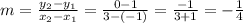 m = \frac{y_2 - y_1}{x_2 - x_1} = \frac{0 - 1}{3 - (-1)} = \frac{-1}{3 + 1} = -\frac{1}{4}