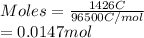 Moles = \frac{1426 C}{96500 C/mol}\\= 0.0147 mol