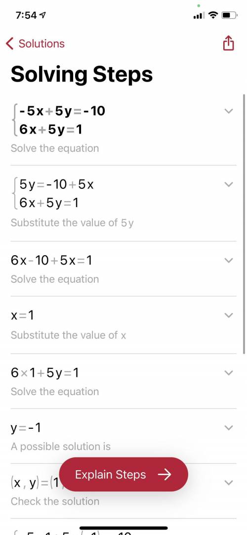 Find the solution of the system of equations.
−5x+5y=-10
6x+5y=1