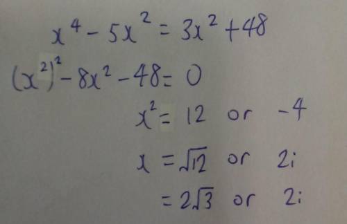 X^4 -5x^2= 3x^2 +48 solve by factoring! and simplify all irrational and complex solutions.​