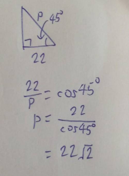 1 point
2. What is the value of p? (Hint: 45-45-90)
a)22
b)22/2
c)44
d)44/3