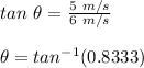 tan\ \theta = \frac{5\ m/s}{6\ m/s}\\\\\theta = tan^{-1}(0.8333)